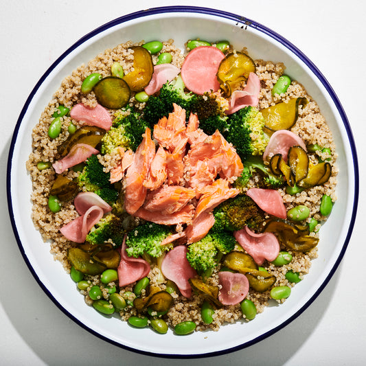 Salmon Poke Bowl, Quinoa, Edemame, Broccoli, Japanese Pickles & Jalapeno-Soy Dressing