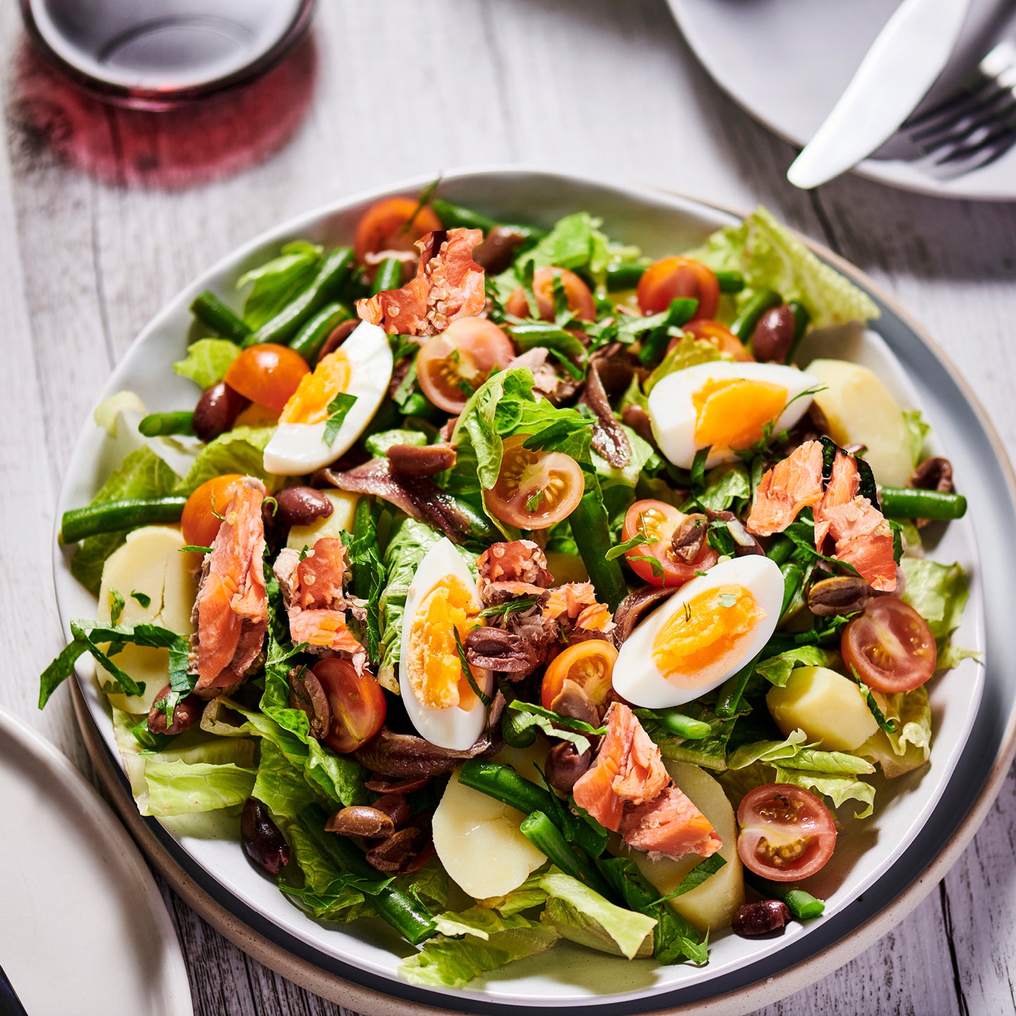 Salmon Nicoise Salad, Seed-Mustard Vinaigrette