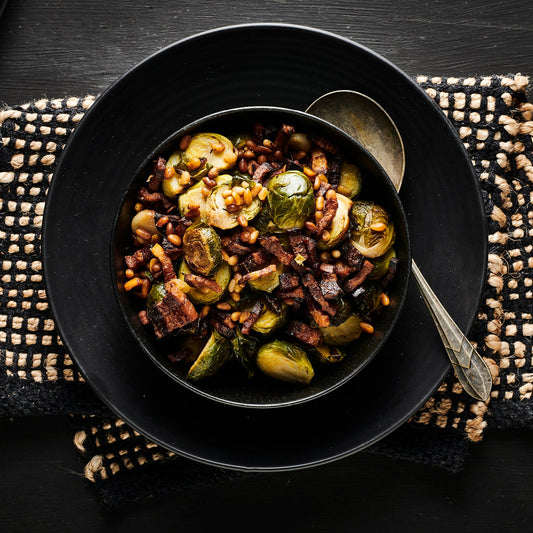 Roasted Brussels Sprouts with Pancetta & Pine Nuts