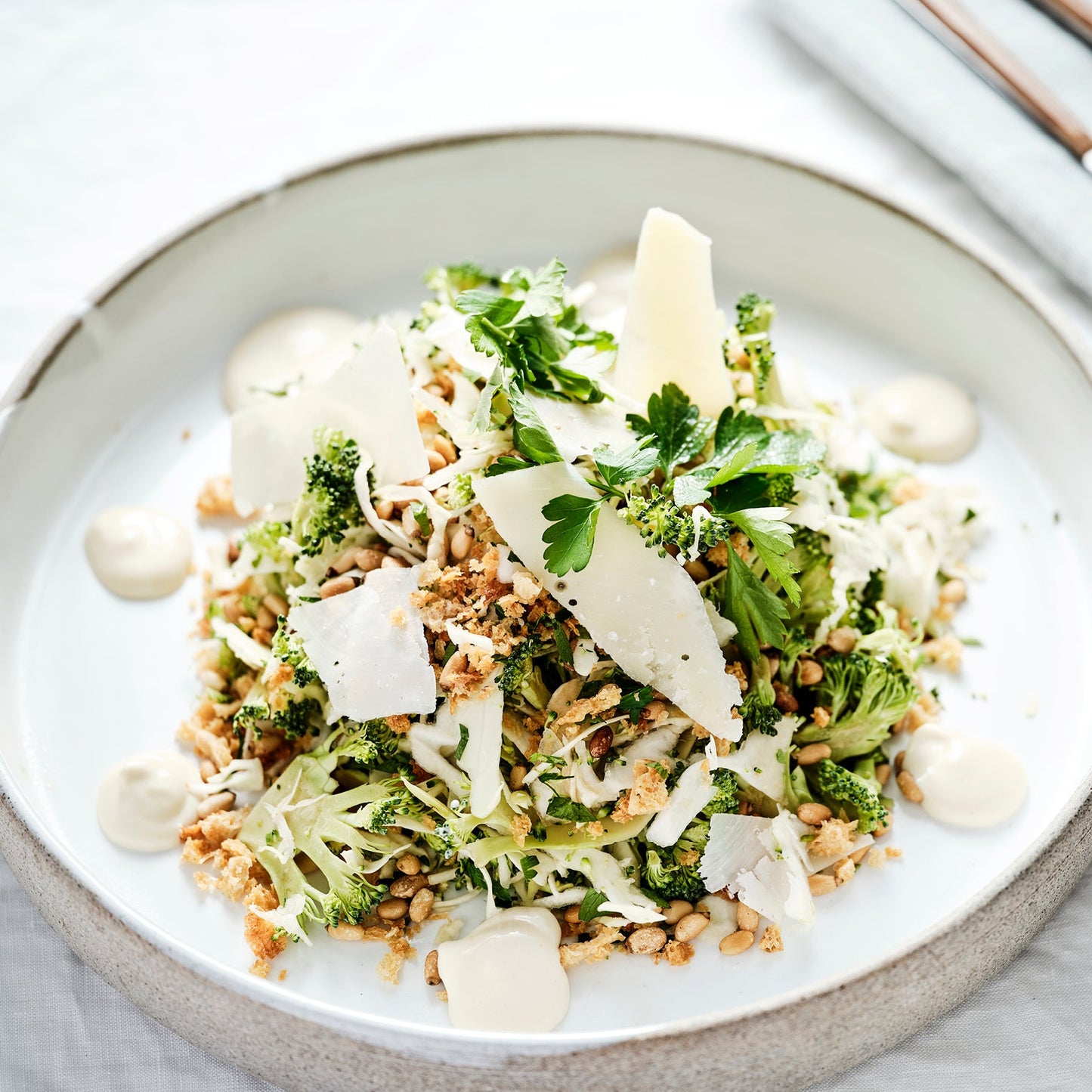 CABBAGE AND BROCCOLI SLAW, PARMESAN, TOASTED PINENUTS, LEMON VINAIGRETTE.