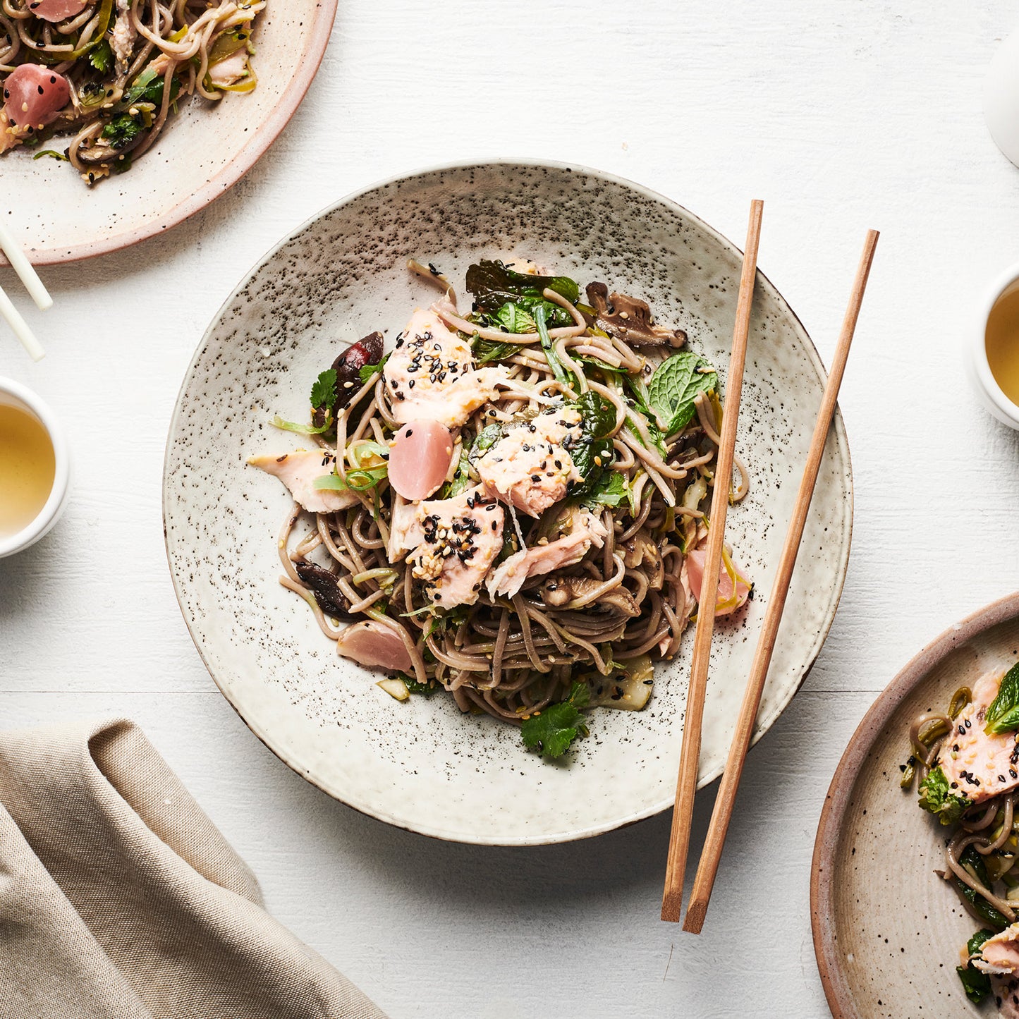 Miso Salmon, Shiitake, Snow Pea & Soba Noodle Salad, Jalapeno-Soy Dressing