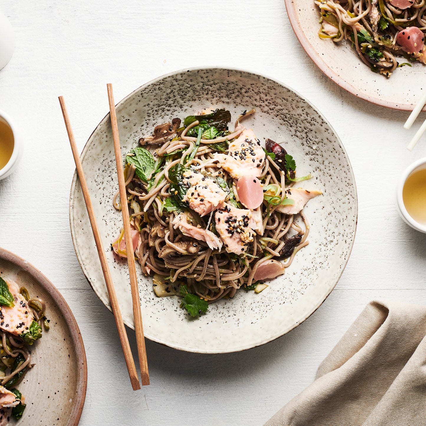 Miso Salmon, Shiitake, Snow Pea & Soba Noodle Salad, Jalapeno-Soy Dressing